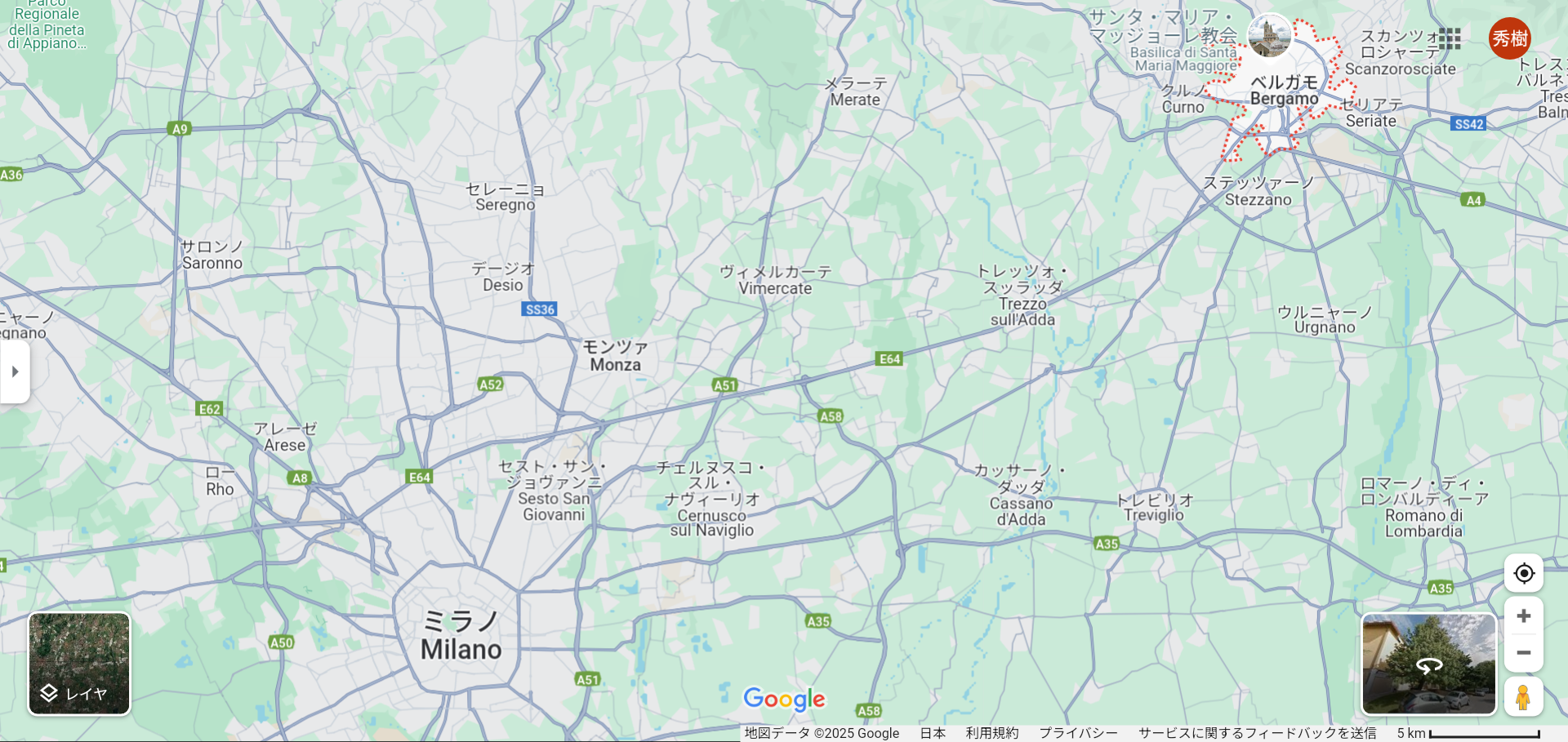 ミラノからベルガモの距離は東京から平塚の距離に相当する。